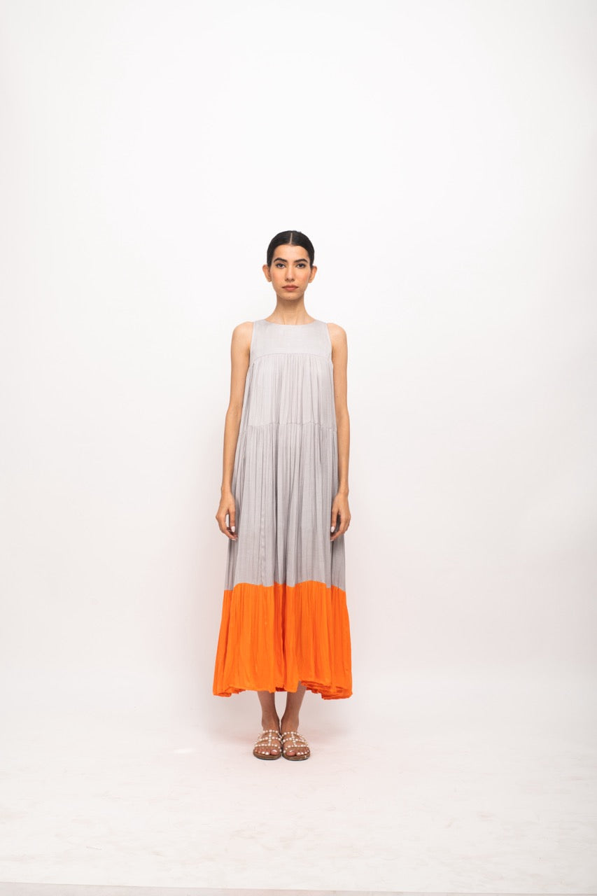 Grey-Orange Halter Neck Dress