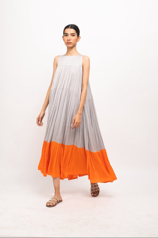 Grey-Orange Halter Neck Dress
