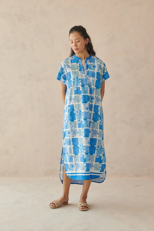 Ines Blue Mosaic Floral Long Dress