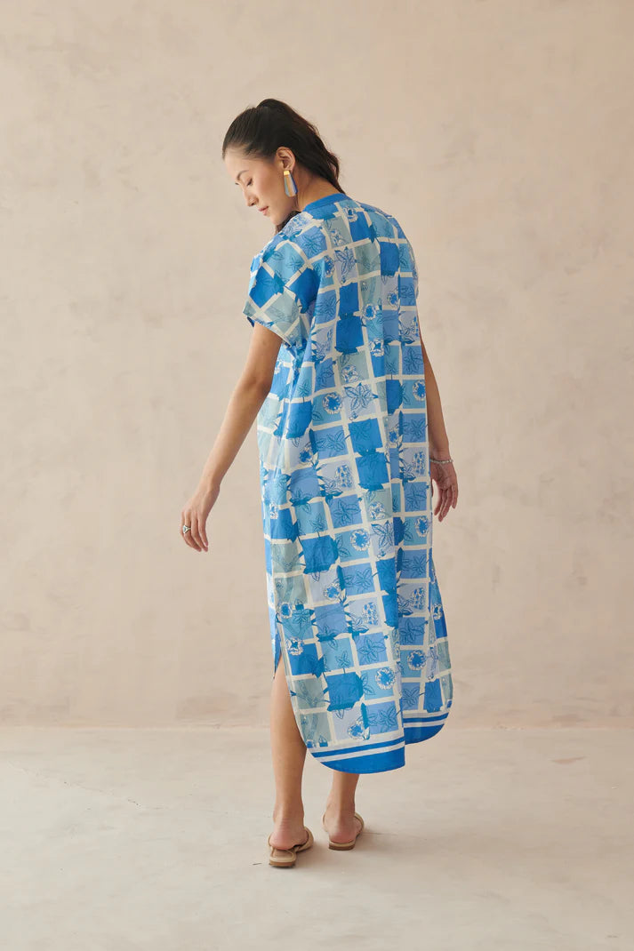 Ines Blue Mosaic Floral Long Dress