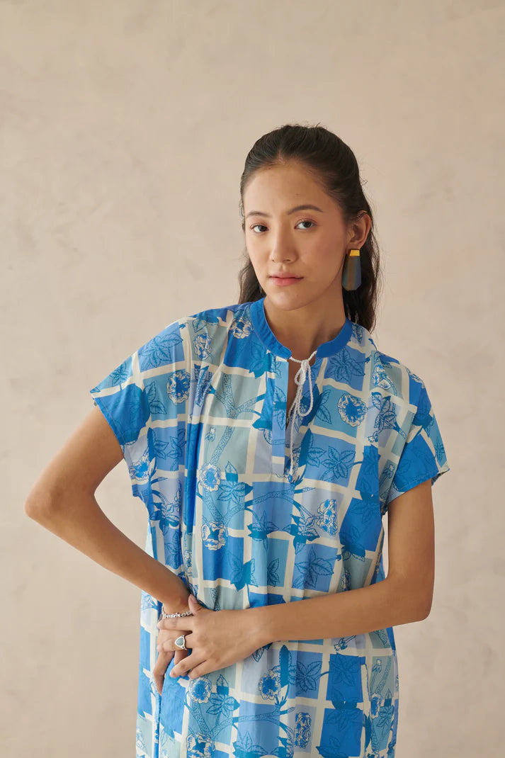 Ines Blue Mosaic Floral Long Dress