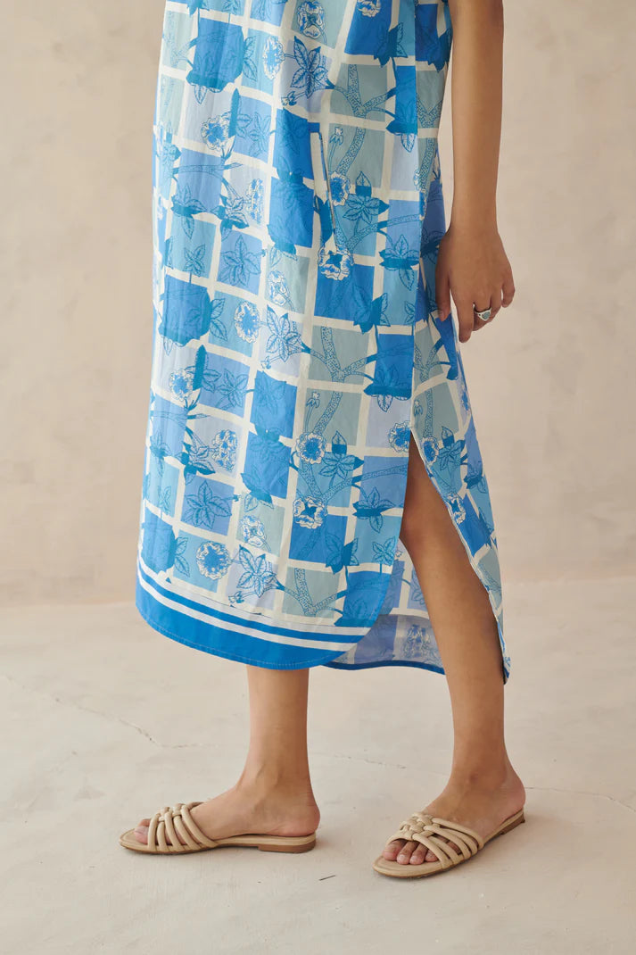 Ines Blue Mosaic Floral Long Dress