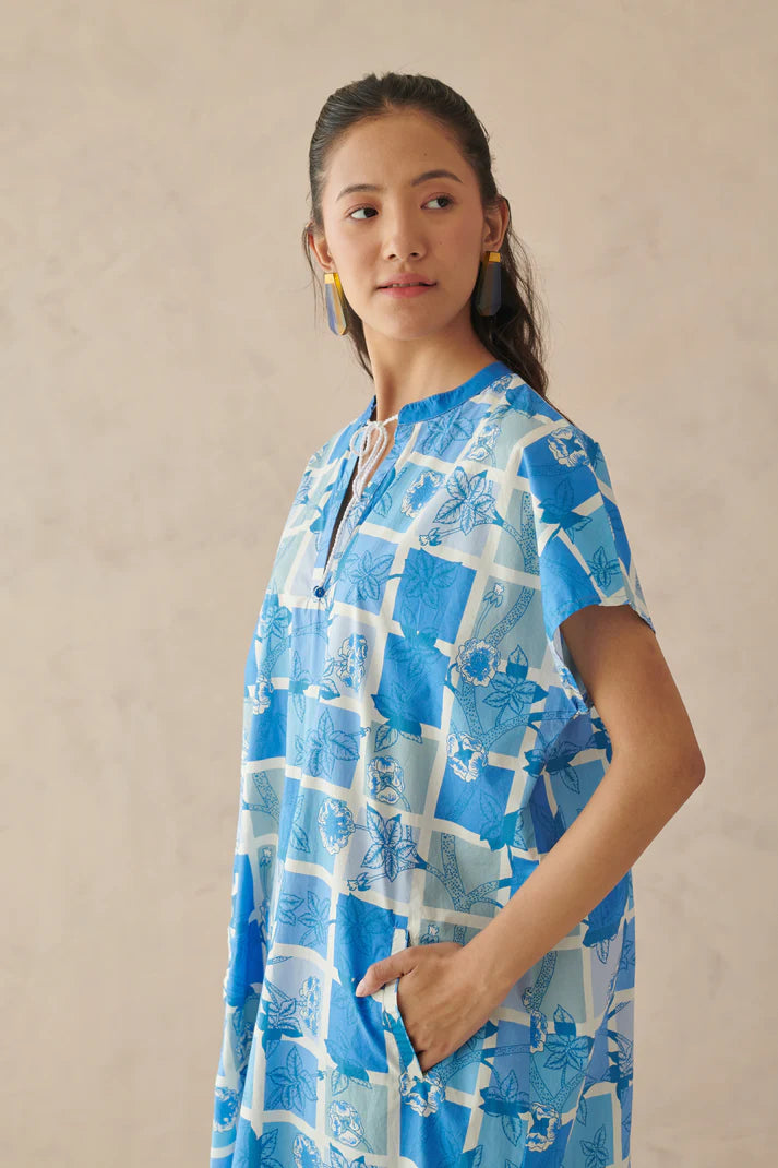 Ines Blue Mosaic Floral Long Dress