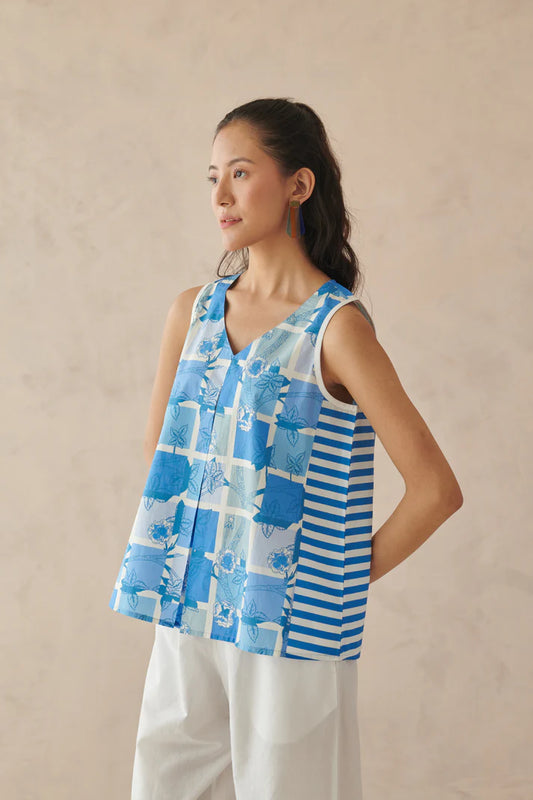 Vaya Blue Mosaic Floral Top