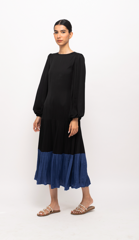 Black-Blue Gather Maxi Dress
